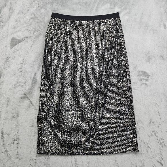 Rafaella Skirt Womens M Black Silver Sequin Midi Pull On Stretch Side Slit Party - Picture 3 of 9